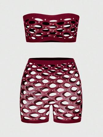 ROMWE Avant Ensemble de lingerie sexy pour femme, en maille élastique et strass, à la mode
