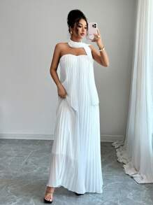 Elenzga Damen Midi-Kleid mit einfarbigem plissiertem Trägerkleid, eleganter Stil