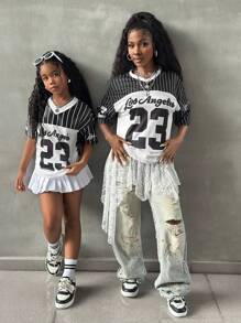 SHEIN Tween Girls Casual Street Style Striped Letter Print Loose T-Shirt And White Layered Mini Skirt 2-Piece Set - White - View 2