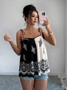 Selianne Top de tirantes casual con color contrastante empalmado para mujer - Multicolor - Ver 3