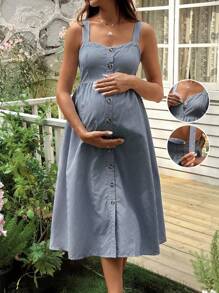 SHEIN Nursing Dress With Wide Strap, Button Front, Open Shirred, Adjustable Back Straps, Striped Maxi Dress - Navy Blue - View 1