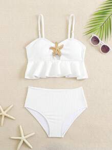 SHEIN Set de traje de baño de 2 piezas con top de tankini con volantes y Bottom triangular para niñas preadolescentes - Blanco - Ver 1