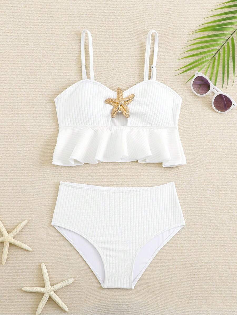 SHEIN Set de traje de baño de 2 piezas con top de tankini con volantes y Bottom triangular para niñas preadolescentes - Blanco - Ver 1