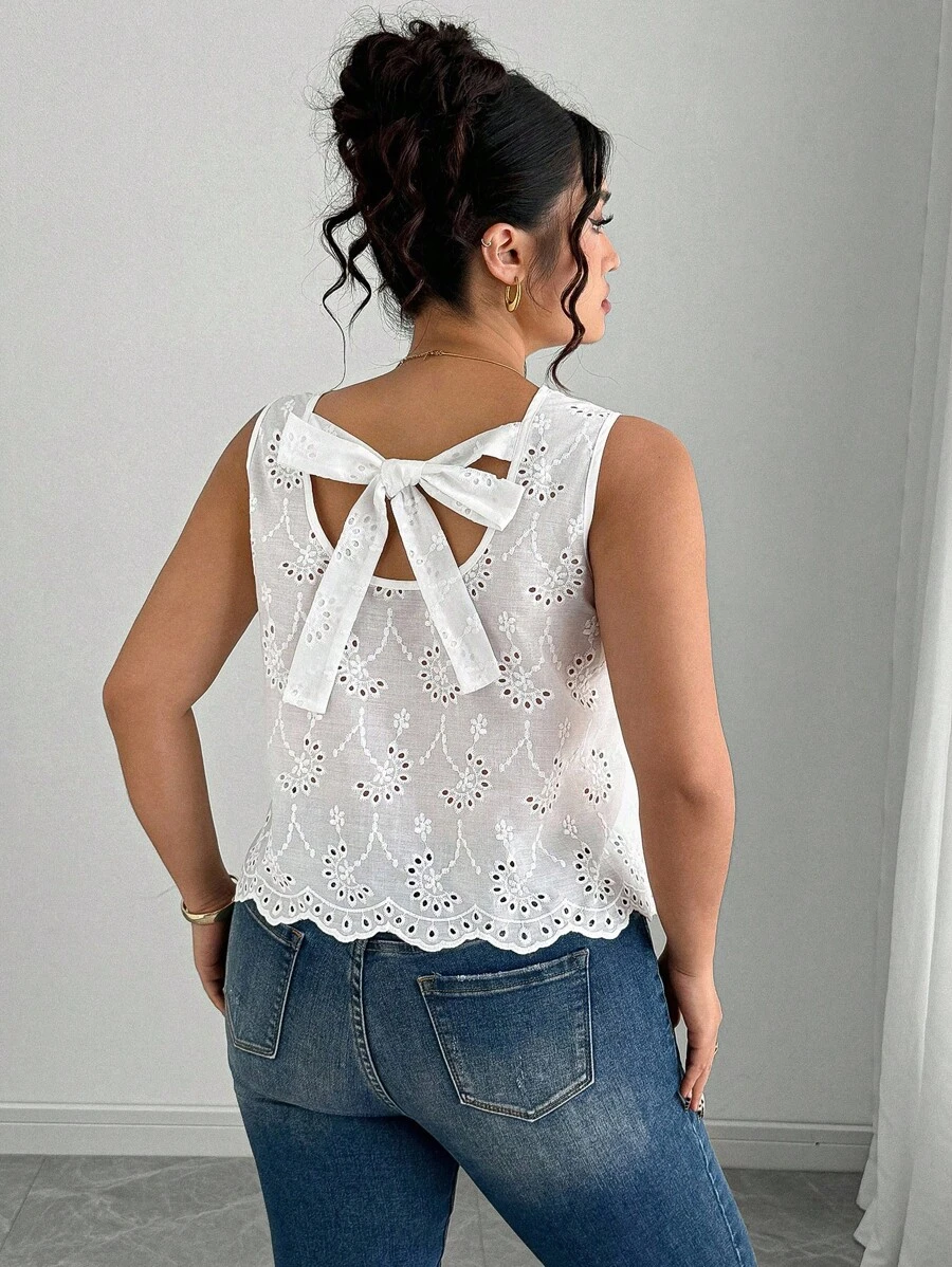 Elenzga Plus Size Summer Casual Solid Color Hollow Embroidered Sleeveless Shirt White Eyelet Top Eyelet Summer Top Women Summer Top Crochet Top Tie Back Top - White - View 1