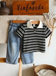 Vintaside Kids Toddler Boy 2pcs Striped Fashion Versatile All-Match Casual Denim Vibe Set