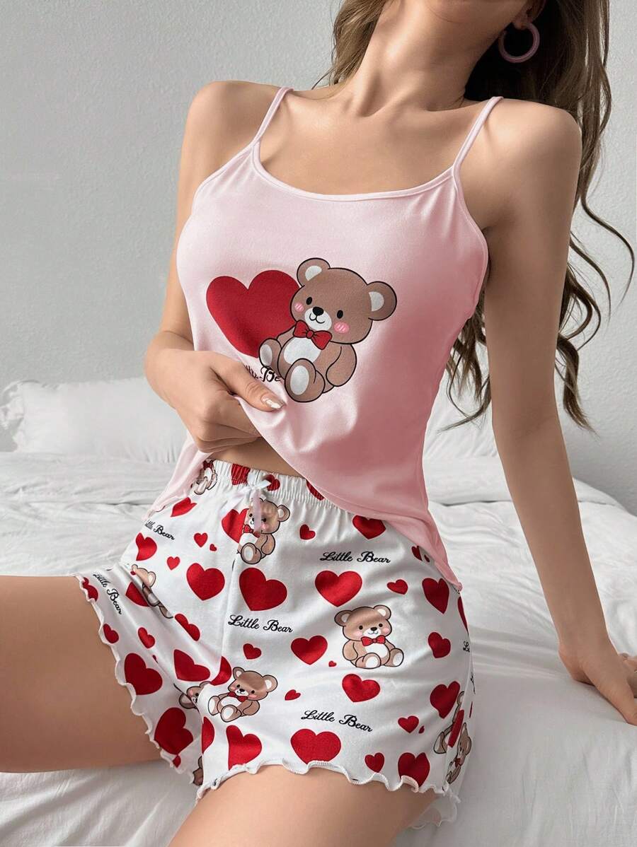 Cute Bear Print Camisole & Shorts Pajama Set Teddy Bear Pajama Set Cute Pajama Set For Women Tank Top Pj Set Pajama Set Tank Top Cute Sleep Wear Women - Dusty Pink - View 1
