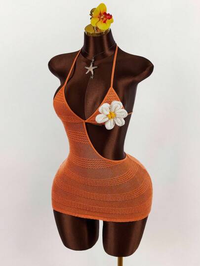 Amplova Crocheted Triangle Cup Asymmetric 3D Floral Decor Bodycon Mini Dress Orange Dress