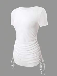 SHEIN Swim Women Solid Color Round Neck Short Sleeve Side Drawstring Cover-Up Top For Summer Beach Vacation - White - View 3