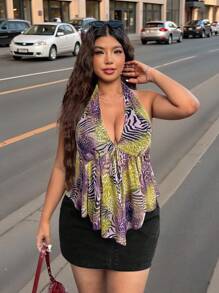 SHEIN EZwear 加大码女式豹纹上衣夏季多色款，夜店性感女装 - 紫色 - 查看 1