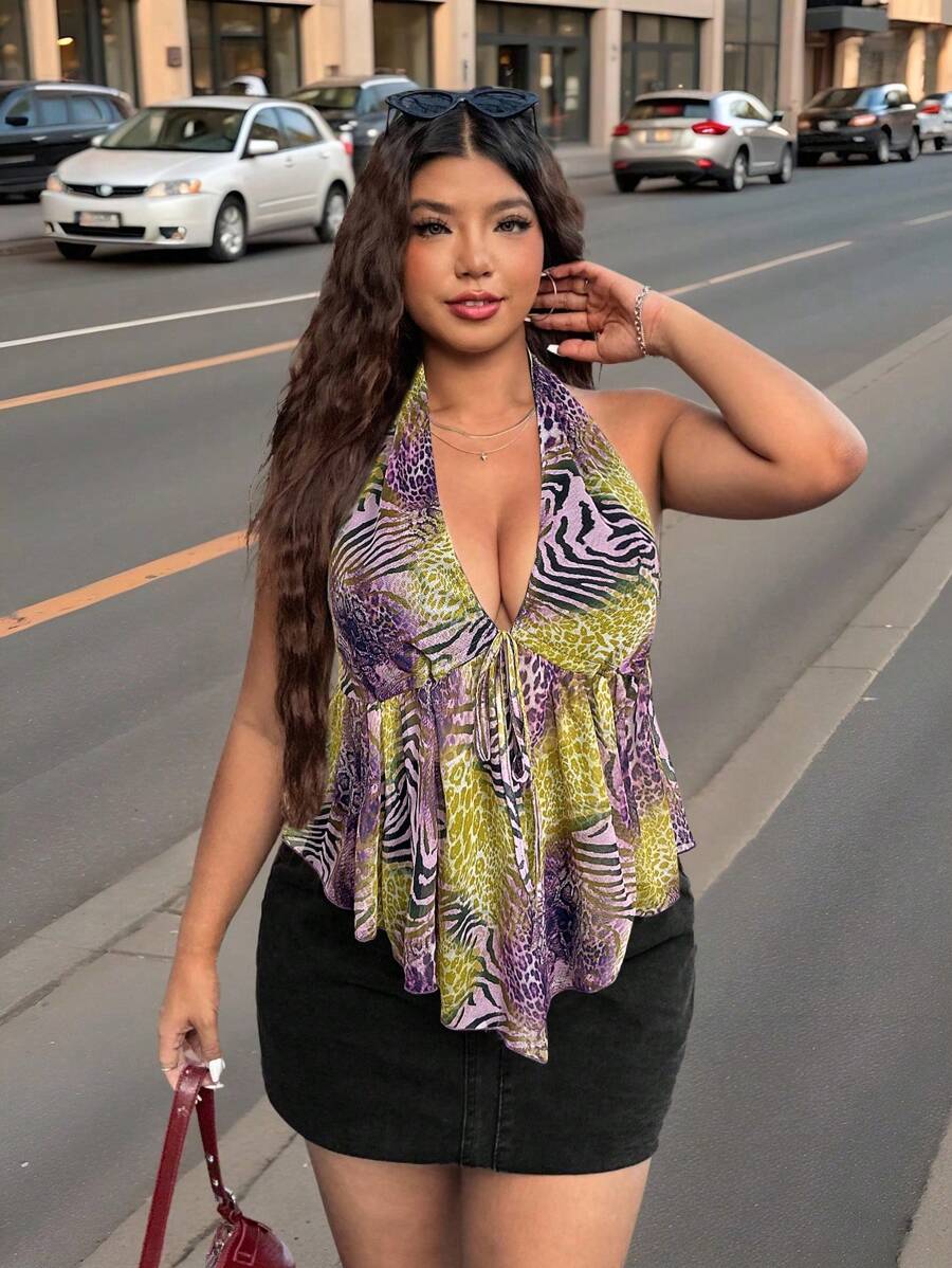 SHEIN EZwear 加大码女式豹纹上衣夏季多色款，夜店性感女装 - 紫色 - 查看 1