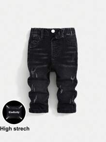 SHEIN Baby Boys Casual Soft Cute Ripped Cat Whiskers High Stretch Skinny Black Denim Jeans,Casual And Versatile For Baby Boys Indoor/Outdoor Fall/Winter Clothes