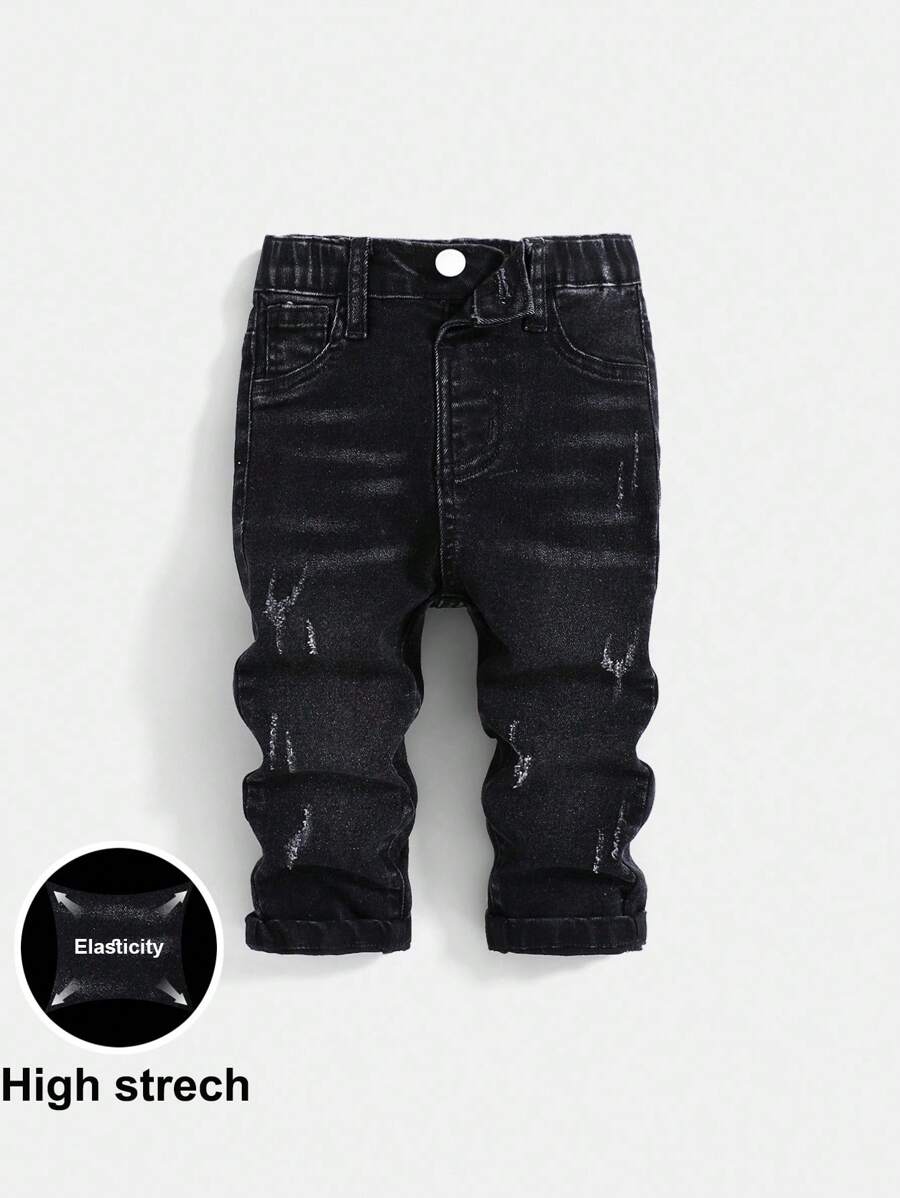 SHEIN Baby Boys Casual Soft Cute Ripped Cat Whiskers High Stretch Skinny Black Denim Jeans,Casual And Versatile For Baby Boys Indoor/Outdoor Fall/Winter Clothes