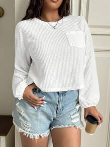 SHEIN EZwear Camiseta de manga larga de talla grande, casual y sencilla, de tejido tipo waffle a cuadros, para otoño/invierno - Beis - Ver 6