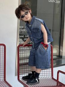Dazy Kids 小男孩条纹单排扣休闲衬衫和宽松牛仔短裤套装