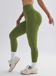 Dewbera Women's High Waist Seamless Slimming Workout Leggings Yoga Pants - Olive Green - View 5