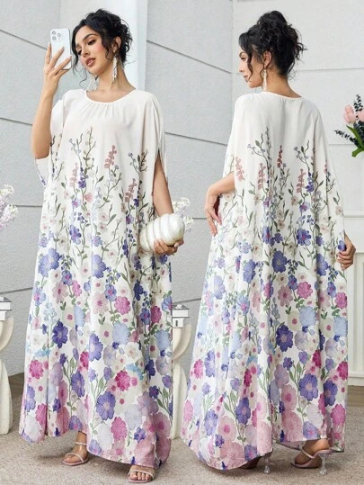 Yasmyna 优雅百褶领花卉印花宽松长款衬衫/束腰外衣