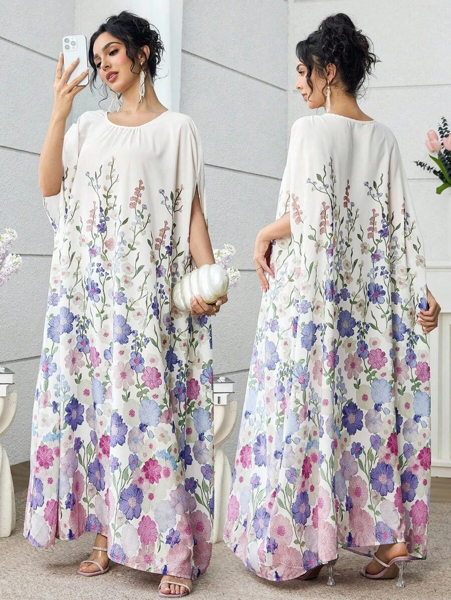 Yasmyna Elegant Pastel Floral Print Arabian Maxi Dress With Round Neckline And Half Sleeves Perfect For Modest Style, Spring/Summer Kaftan Jalabiya Dress - Multicolor - View 1