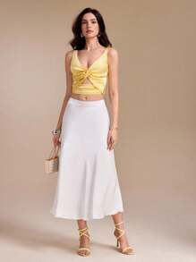 KHADIJA Solid Color Satin Knot Ruched Sleeveless Sexy Women Summer Backless Yellow Top