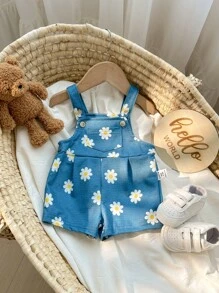 SHEIN Newborn Baby Girls' Floral Pattern Overalls Romper - Blue - View 3