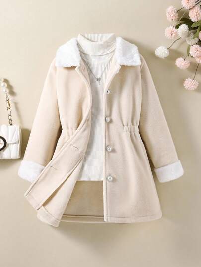 女童杏色西装外套，长袖中长款，时尚简约休闲日常穿着，秋冬