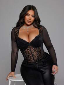 SHEIN LUNE 大码女式性感蕾丝长袖紧身优雅黑色紧身衣
