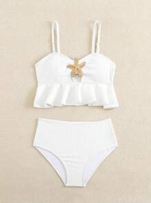 SHEIN Set de traje de baño de 2 piezas con top de tankini con volantes y Bottom triangular para niñas preadolescentes - Blanco - Ver 4
