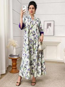 Yasmyna 浪漫花卉褶皱蕾丝边土耳其女士长裙和阿拉伯传统长袍 - 紫色 - 查看 4