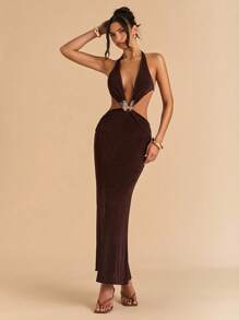 SHEIN BAE Váy suông ôm sát lưng màu nâu trơn hở lưng trang trí nơ dệt kim dáng suông, váy mùa hè cho nữ, trang phục đi nghỉ cho nữ, trang phục đi biển cho nữ, trang phục câu lạc bộ gợi cảm cho nữ, trang phục đi hòa nhạc cho nữ - màu nâu - Xem 5