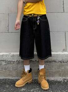 Manfinity Hypemode Shorts casuales de mezclilla de pierna ancha con patrón geométrico en el bolsillo para hombres