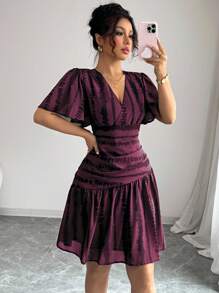 Elenzga Women's Elegant Zebra Print V-Neck Waist Ruched A-Line Flare Sleeve Midi Dress, Suitable For Commute, Afternoon Tea, Party, Easter, Middle East - Maroon - View 4