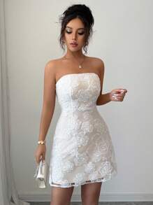 Selianne 女士 3D 花朵装饰抹胸修身中长连衣裙 - 白色 - 查看 5