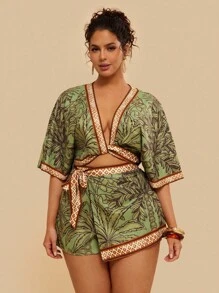 Travachic Set da 2 pezzi di shorts stampati con motivi tropicali e top corto a V con fiocco per donna in taglie grandi