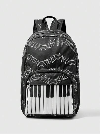 ROMWE Anime Mochila grande con múltiples bolsillos de estilo universitario con diseño de notas de teclado negro, mochila informal personalizada de gran capacidad y de uso unisex, adecuada para ir al trabajo, la escuela, viajar, en todas las estaciones