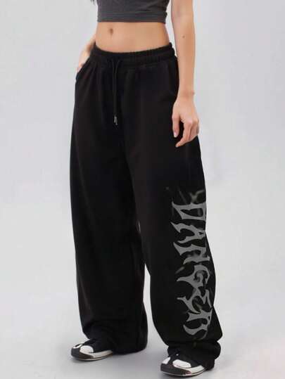 Pantalones de chándal holgados de pierna ancha con cintura con cordón y estampado de letras para mujer