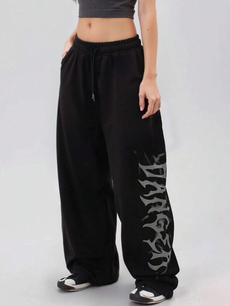 INAWLY 女式字母印花抽绳腰部宽松阔腿运动裤