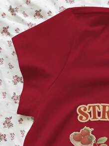 Chiquease Women's Casual Strawberry & Letter Print Short Sleeve T-Shirt, Summer Graphic Tees Women Tops, Christmas