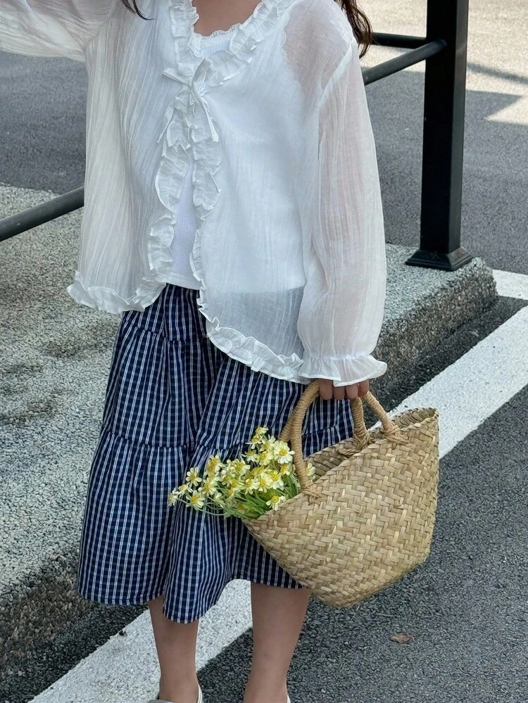 Young Girls Solid Color V-Neck Long Sleeve Casual Shirt, Spring/Summer