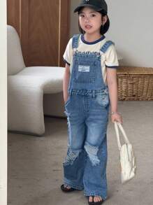DENIMLY YOUNG Cô gái trẻ THƯỜNG NGÀY ĐỂ CHUẨN BỊ NGOÀI TRỜI CẢ NĂM PHẢI CÓ COOL MAX VẢI COTTON NHẸ GIẶT LẠI NHẸ QUẦN JUMPSUITS DENIM RÁCH, Dây đeo có thể điều chỉnh và năm túi cổ điển, Cài nút ở bên hông - Rửa nhẹ - Xem 4