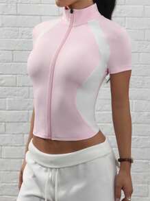 Dewbera Fashionable Classic Retro Versatile Spring Comfortable Breathable Stretchy Fitted Campus Style Active Cute Soft Sweet Suitable For Outdoor, Fitness, Yoga, Dance, Pilates Zipper Short Sleeve Jacket - Pink - View 5