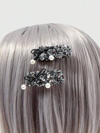 Grunge Punk Rechteckiger Haarclip mit Schleife aus Kunstperlen, silber, geeignet für den täglichen Gebrauch