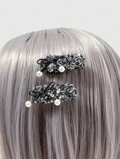 Grunge Punk Faux Pearl Bow Silver Rectangle Hair Clip, Suitable For Everyday Wear