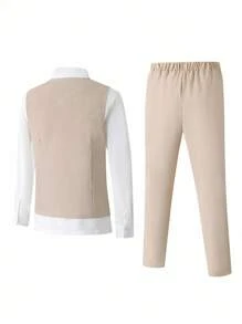 SHEIN 2 件套青少年男童韩版修身西装、背心和裤子套装，适合春夏季、婚礼、派对、钢琴演奏会、主持人