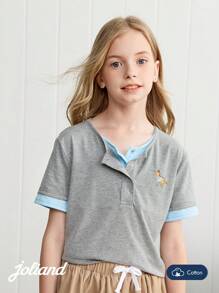 Joliand 1pc Young Girl Elegant Urban Casual Versatile Dog Decor Patchwork Grey & Light Blue Crew Neck Short Sleeve T-Shirt, Suitable For Back To School, Travel, Everyday, Summer & Autumn Back To School  School  Clothes School Supplies ColorfulJoy Backtoschool