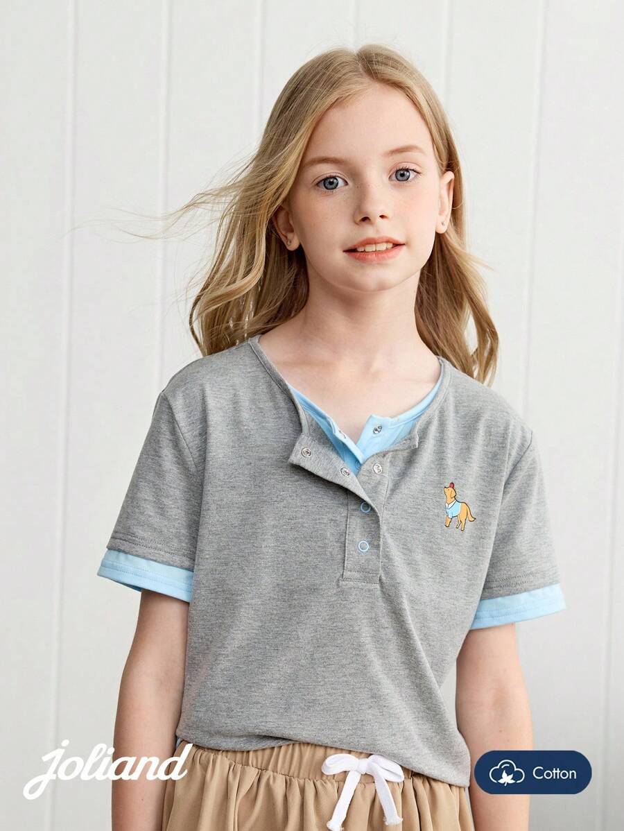 Joliand 1pc Young Girl Elegant Urban Casual Versatile Dog Decor Patchwork Grey & Light Blue Crew Neck Short Sleeve T-Shirt, Suitable For Back To School, Travel, Everyday, Summer & Autumn Back To School  School  Clothes School Supplies ColorfulJoy Backtoschool