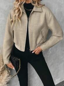 Chiquease Linho Cor Lapela Zíper Lã Cardigan Curto Casaco Casual