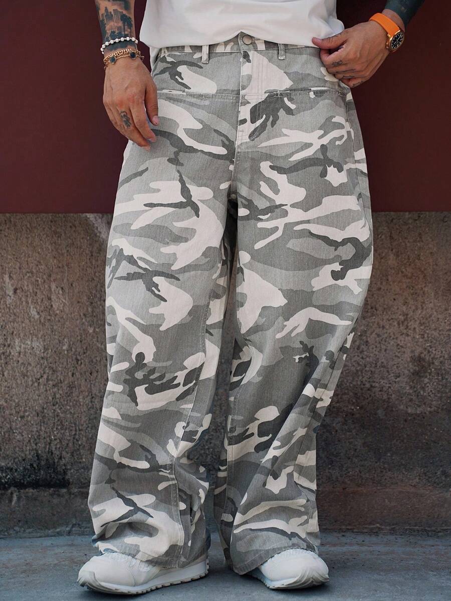 DAZY Spring Camouflage Multi-Color Men's Casual Loose Cargo Jeans With Pockets - Grey - View 1
