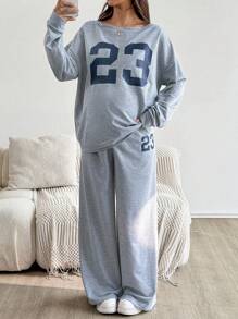 SHEIN 2pcs Set Maternity Casual Loose Number Print Top And Pants  Fall Women Clothes