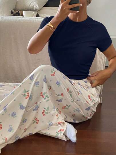 DAZY 2pcs/Set Women's Fruit Print Loose Pants + Solid Color Short Sleeve Sleepwear Set Pajama