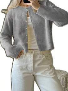 INAWLY Women's Casual Solid Color V-Neck Cropped Cardigan, Spring/Autumn,Long Sleeve Tops Fall Winter Cloth For Women - Grey - View 4