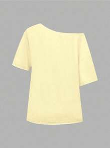 INAWLY Women's Fruit & Coconut Pattern Loose Shoulder T-Shirt, Cream Color Asymmetrical Neck Top For Beach & Vacation